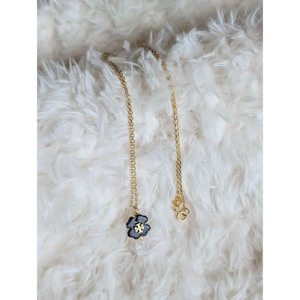 TORY BURCH Black Double T Resin Clover Gold Chain Necklace